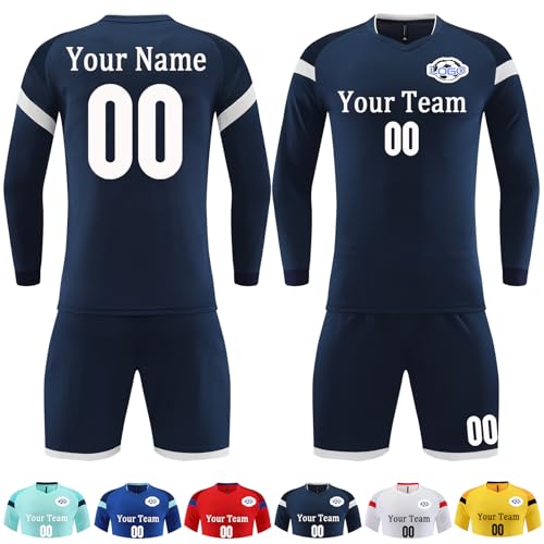 Custom Long Sleeve Soccer Jersey for Kids Boys Youth Men Women Personalized Soccer Uniform with Name Number Logo Sapphire Blue