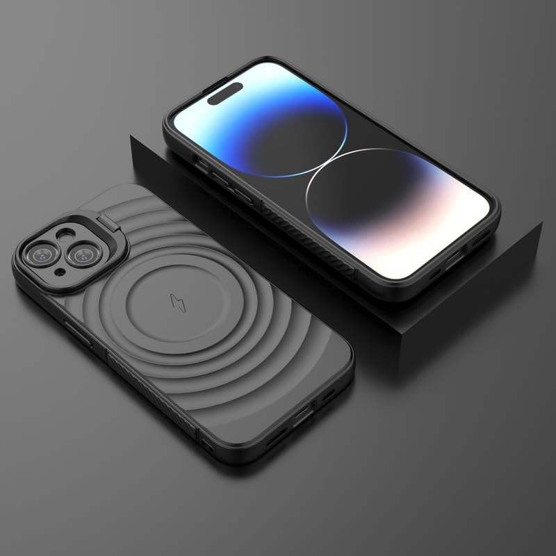 Image of LuxuryKase Shockproof Case for iPhone 14 | Ripple Pattern | Camera Protection | Inner Velvet Fabric Lining | Protective Cover with Enhanced Grip & Wireless Charging Support - Black