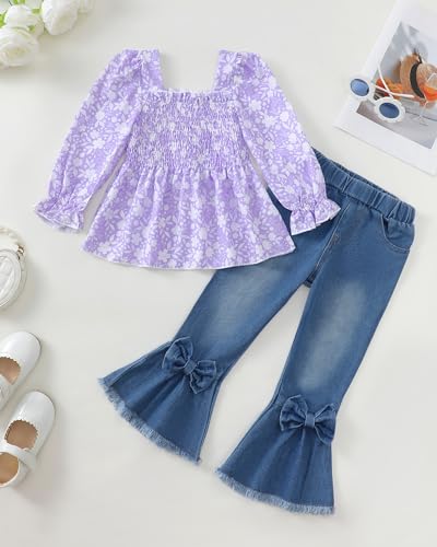 Kucnuzki Toddler Kids Girls Clothes Short Sleeve Shirt Top Flare Denim Jeans 2 Piece Outfits For Girls Cute Clothing Set2