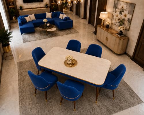 Image of WOODEN SPACE 6-Seater Wooden Dining Table Set | Nano Composite Marble Top | Solid Wood Base | Modern Dining Room Furniture with 6 Chairs (Blue Grand Aura)