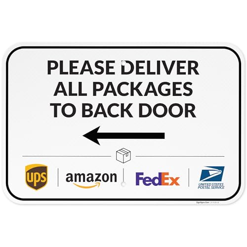 Image of Package Delivery Sign, Delivery Instructions Deliver All Package to Back Door Left Arrow Sign, 12x18 Inches, 3M EGP Reflective .063 Aluminum, Fade Resistant, Made in USA by Sigo Signs