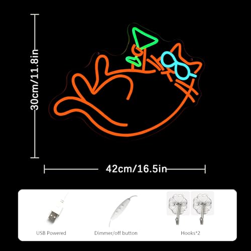 Image of Cat Martini Neon Sign for Wall Decor Bar Neon Light Red Cat with Glasses Drink Beer LED Sign Dimmiable LED Neon Light Sign for Bar Kidsroom Business Bedroom Game Room