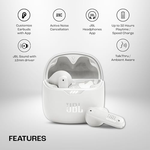 Image of JBL Tune Flex in Ear Wireless TWS Earbuds with Mic, ANC Earbuds, Customized Extra Bass with Headphones App, 32 Hrs Battery, 4-Mics, IPX4, Ambient Aware, Bluetooth 5.2 (White)