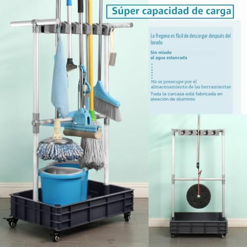 Miniatura 4 de Soporte Para Fregona, Soporte Para Escobas Para Dispositivos De Limpieza, Carrito De Limpieza Móvil, Resuelve El Problema De Las Mopas Que Gotean Y Suelos Mojados