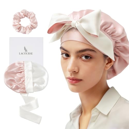 LaCourse Anti-Slip 100% Mulberry Silk Bonnet for Sleeping Women Long Hair, Double-Layered Silk Hair Wrap for Curly Hair, with Satin Tie Bands to Secure the Cap (Pink+Ivory)