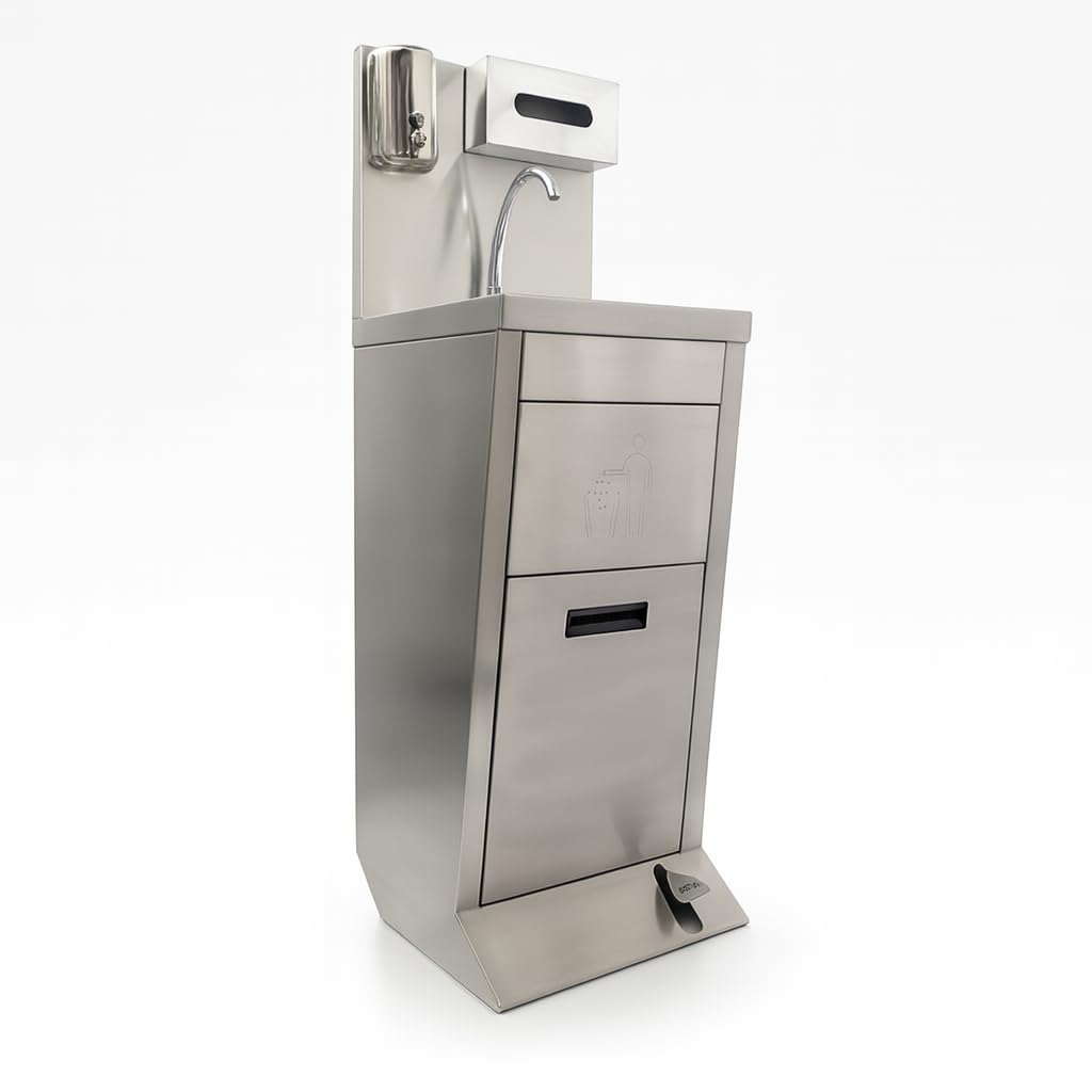 Lave-Mains Professionnel avec Cuve Inox – Station de Lavage Complète avec Commande au Pied, Distributeur de Savon, Distributeur de Papier et Poubelle Intégrée