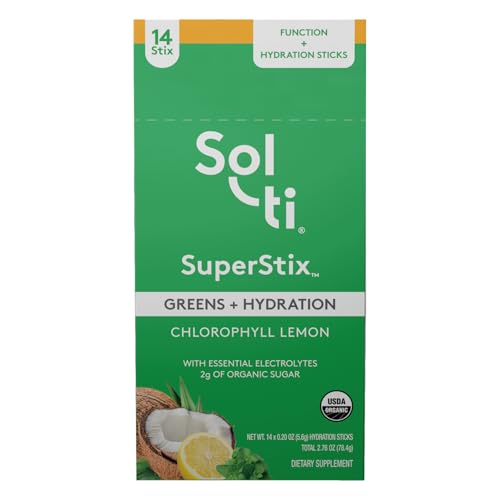 Sol-ti Organic Electrolyte Greens + Hydration Drink Mix, Superfood Hydration Sticks, SuperStix, Non-GMO, Vegan, Chlorophyll Lemon, 14 Sticks