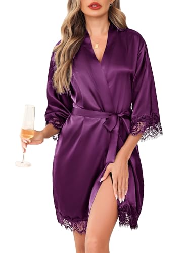 Lovasy Peignoir Satin Femme Mariage en Dentelle Robe de Chambre Soie Court Kimono Bride Sexy Léger Col V avec Ceinture Robe de Demoiselle d'Honneur,B-Violet...