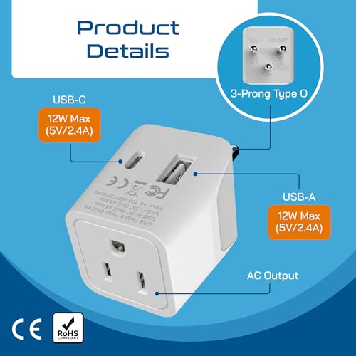 Image of Ceptics Thailand Travel Plug Adapter - Type O Power Adapter with USB-C & A + USA Input - Ultra Compact,3-in-1 Safe Grounded Adapter Plug for Thailand