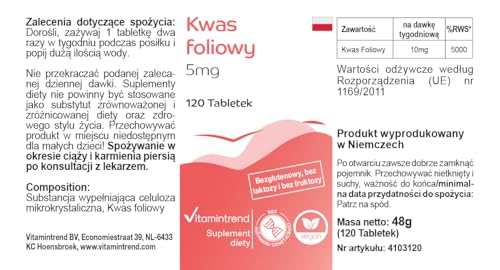 Ácido fólico 5mg – solo 1/4 comprimidos al día – vegano – alta dosificación – 120 comprimidos | Vitamintrend®