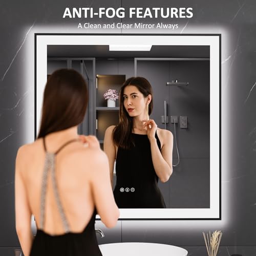 LOAAO 38"X38" LED Bathroom Mirror Black Framed, Anti-Fog, Dimmable, Lighted Bathroom Vanity Mirror for Wall, Memory Function, Tempered Glass
