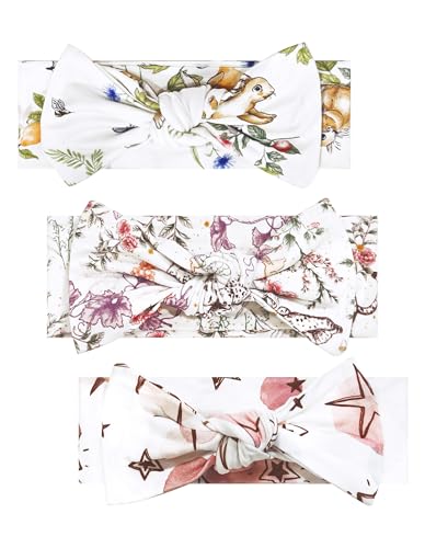 Baby Stretchy Headbands 3Pack Viscose from Bamboo Bow Hairbands Newborn Girls Elastic Bands Hair Accessoriess, Leopard/Rabbit/Star