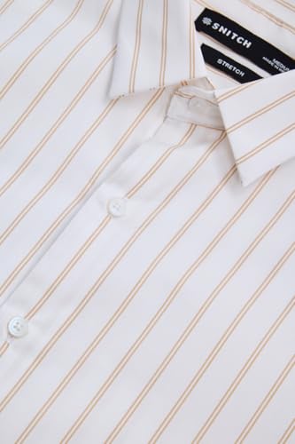 Image of SNITCH Men Semi-Formal Shirt | Modern Slim Fit Full Sleeve Point Collar Vertical Stripe Pattern | Cotton Blend Stretch Fabric for Office & Business Casual Wear