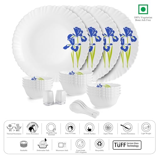 Image of Cello Opalware Dazzle Series Blue Iris Dinner Set | Microwave & Dishwasher Safe | Light-Weight & Thermal Resistant | Crockery Set for Dining & Gifting | Set of 22, White