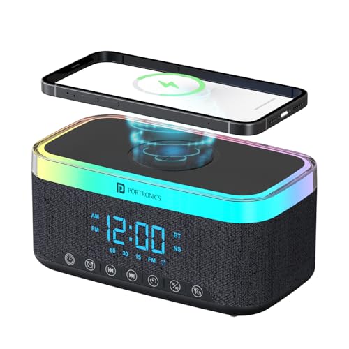 Portronics Trifusion 16W HD Sound Bluetooth Speaker with 15W Wireless Charging, 360°RGB LED Lights, Digital Clock with Alarm Setting, Built-in White Noise, USB/SD Card/AUX in, Type C Charging(Black) view 1