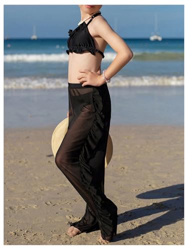 MakeMeChic Girl's 3 Piece Bikini Sets Halter Backless Ruffle Swimsuit with Mesh Sheer Cover Up Pants2