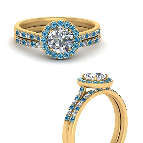 Image of Choose Your Gemstone Round Halo Ring with Matching Pave Band Yellow Gold Plated Round Shape Wedding Ring Sets Everyday Jewelry Wedding Jewelry Handmade Gifts for Wife US Size 4 to 12