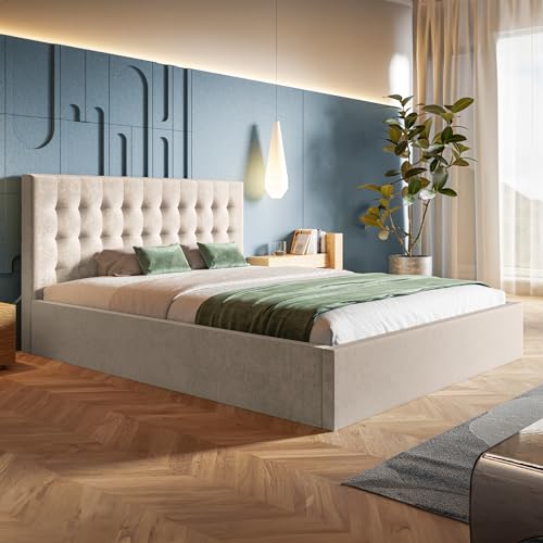 MOTIVENA Lili Bett 180x200 Beige Samt, mit Stauraum, mit Kopfteil, mit Lattenrost, ohne Füße, ohne Matratze, Polsterbett 180x200 mit Bettkasten Beige (Creme)