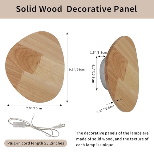 Image of Modern Minimalist Plug in Wall Sconces, 9.4'' Plug-in Or Cordless Wood Backlight LED Wall Lamp, 12W, 1100LM Warm White Brightness Wall Light Fixtures for Bedroom, Living Room Wall Decor