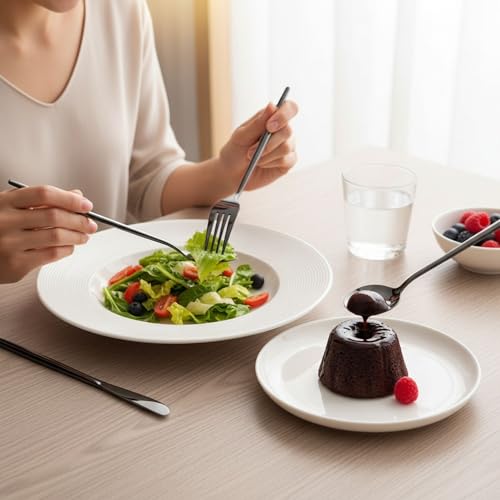 Image of 8 Pcs Black Slim Handle Stainless Steel Cutlery Set for Dining Table with Spoons and Forks Set + Butterknives - The Perfect Tableware /Flatware