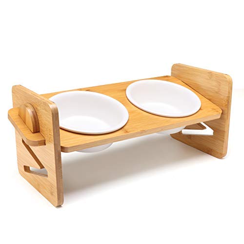 Vodeson Gamelle surélevée pour animaux de compagnie pour chats et petits chiens, réglable surélevé, gamelle pour nourriture et eau avec 2 gamelles en céramique