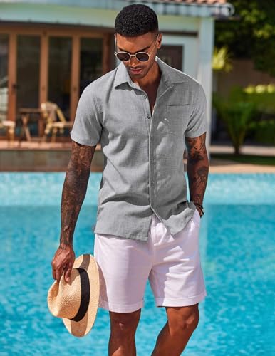 Image of COOFANDY Men's Button Down Shirts Short Sleeve Casual Shirts Summer Beach Linen Shirts with Pocket
