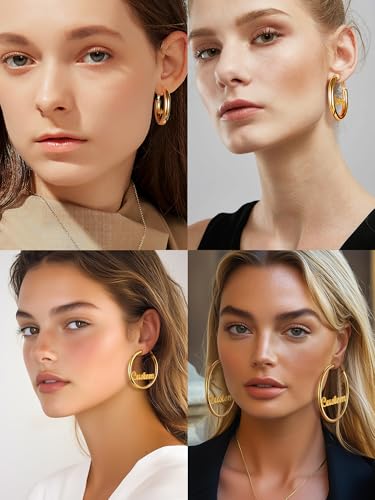 Image of Stainless Steel Chunky Hoop Earrings For Women, Minimalist and Chic, Black /Gold Plated, Round Hoops Earrings Hypoallergenic, Size: 30mm /40mm /60mm /80mm, Come with Box
