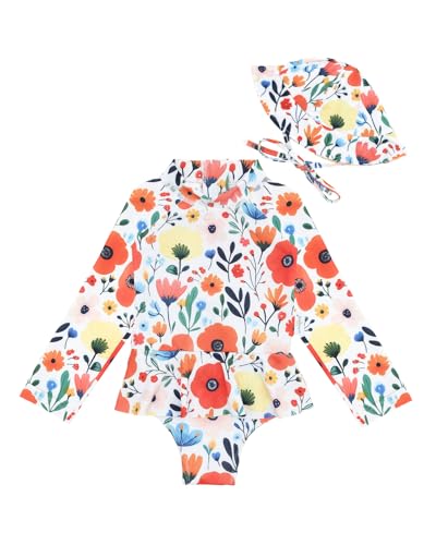 babygoal Infant Baby Girl One-Piece Swimsuit Long Sleeve Rash Guard with Hat for UPF 50+ Sun Protection