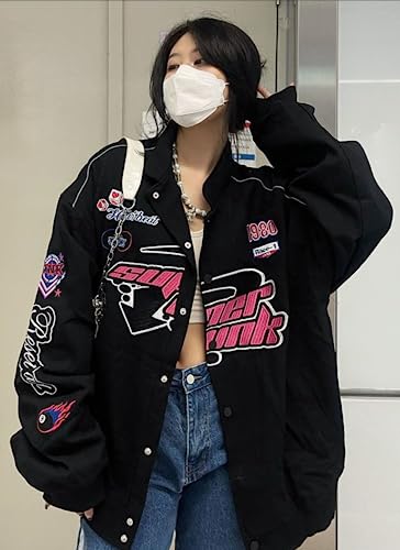 Women Y2K Vintage Varsity Jacket Hip Hop Racer Graphic Bomber Jacket Japanese Harajuku Button Up Sweatshirt Outerwear4