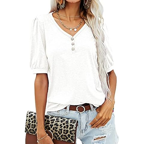 Rapbin Camiseta de Verano de Mujer con Manga Corta Puff y Cuello en V, Blanca Cover