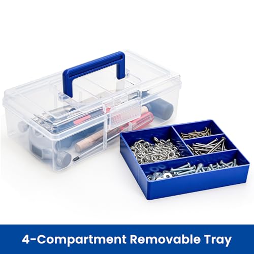 Image of Elsjoy 2 Pack Plastic Tool Box with Handle, 2-Layer Clear Tool Storage Organizer with Removable Divider, Portable Craft Storage Sewing Box