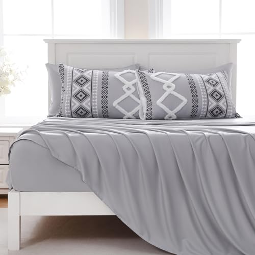 Image of MOVE OVER Gray Comforter Set Queen 7 Pieces White and Gray Tufted Bedding Set Soft Microfibr Boho Aztec Comforter Set Warm and Lightweight Shabby Chic Bedding Set for Year-Round