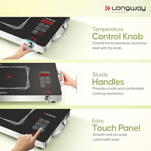 Image of Longway Infralite Pro 2200W Infrared Induction Cooktop with Steel Grill Rack, Crystal Glass Top, Touch Panel & Digital Display, 4 Preset Modes - Stir Fry, BBQ, Hot Pot & Steam, Black