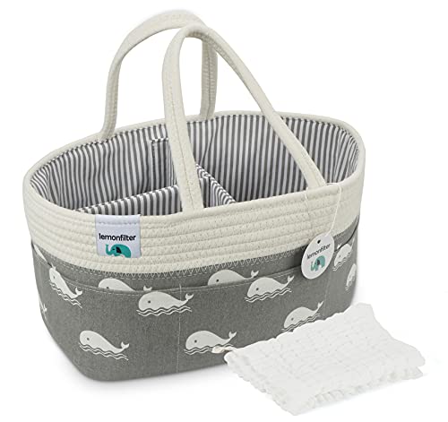 Image of Lemonfilter Baby Diaper Caddy Organizer, Nursery Storage Bin Portable Car Organizer with Detachable Divider, Changing Table Organizer with Muslin Burp Cloth (Whale)