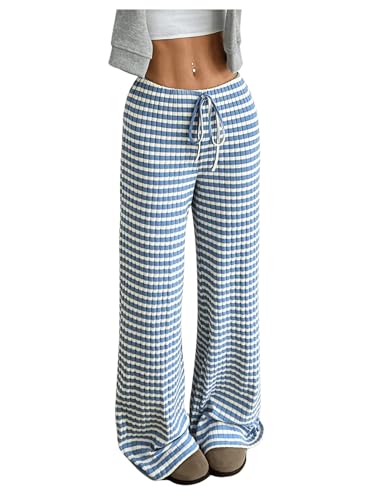 Image of GORGLITTER Women's Bow Tie Stacked Baggy Sweatpants Striped Wide Leg Lounge Pants Comfy Pajama Pants Blue Large