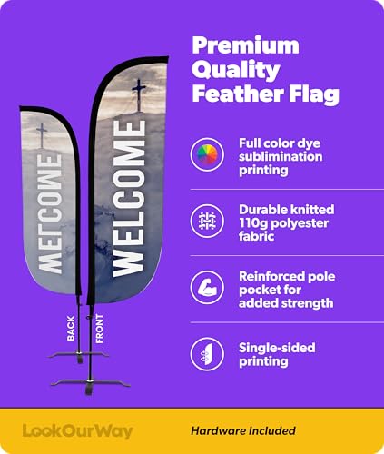 Image of LookOurWay Feather Flag Set - 5ft Tall Advertising Banner Flag with Pole Kit and X-Stand for Business Promotion - Welcome Church