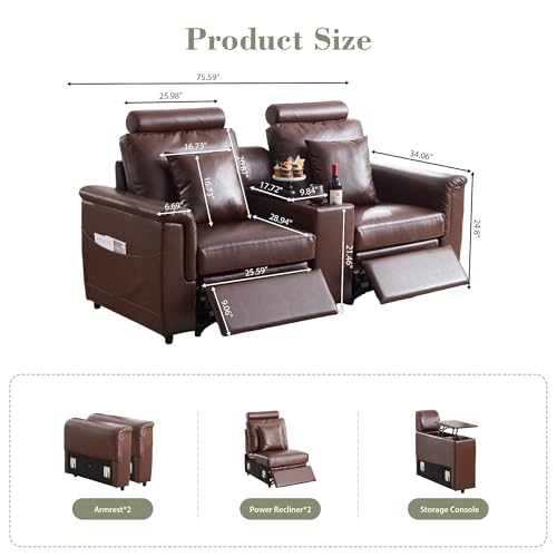 Image of RARZOE Manual Loveseat Recliner Sofa with Headrest, Faux Leather Power Reclining Couch with Storage Console Charging Cup Holders, Modern Comfy Daul Recliner for Living Room Home Theater,Brown