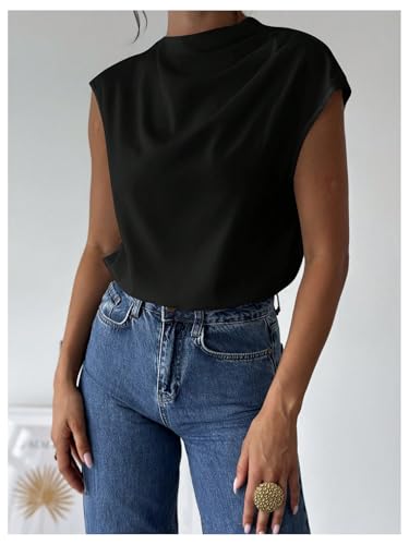 MakeMeChic Women's Draped Neck Tops Cap Sleeve Mock Neck Keyhole Work Shirt Summer Blouse3