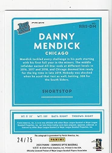 Danny Mendick Autographed Oncard & Serial Numbered #24/75 Rated Rookie Prizm Blue Stars Parallel Collectible Baseball Card - 2020 Donruss Optic Baseball Card #RRS-DM (White Sox)
