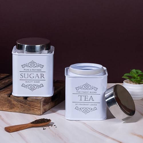 Image of Metallure Home Artisanal Kitchen Storage Jars | Tea, Coffee and Sugar Containers Set of 3 | Airtight Metal Containers for Home | Food Container Set with Secure Lid | Food Safe Kitchen Jar Set (White)