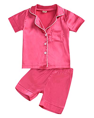 Toddler Baby Girl Satin Pajamas Shorts Set, Short Sleeve Button-Down Sleep Shirt and Bottoms Silk Sleepwear Loungewear (Rose Red, numeric_6)