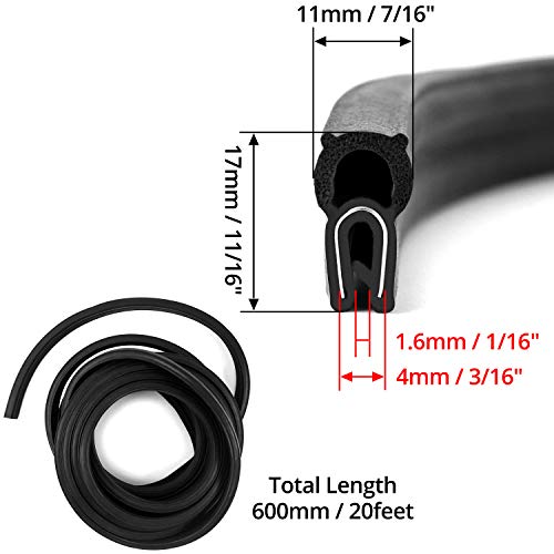 Image of QWORK 20 Feet EPDM Rubber Trim Seal with Top Bulb, Fits Edge 1 /16 inch to 1 /8 inch (Pack of 2)