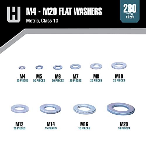 Image of Workshop Hardware Fastener Assortment Kit, Metric Flat Washers Set, Regular, 280 Piece Variety, M4, M5, M6, M7. M8, M10, M12, M14, M16, M20 Diameters
