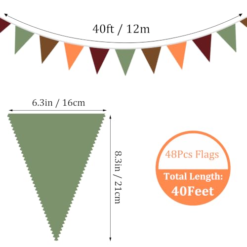 Image of 40Ft Burgundy Sage Green Brown Orange Fabric Bunting Banner Pennant Hanging Party Decorations Cotton Triangle Flag Garland for Retro Autumn Thanksgiving Fall Harvest Pumpkin Birthday Baby Shower Decor