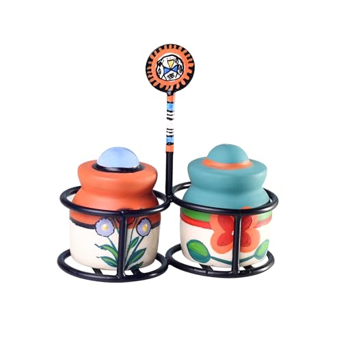 Image of Aakriti Art Creations Inu-Minu Salt & Pepper Set with Handpainted Stand | Handcrafted Floral Art Kitchen & Dining Dispenser Set | Salt Pepper Shaker for Dining Table | Kitchen Decor Items Stylish