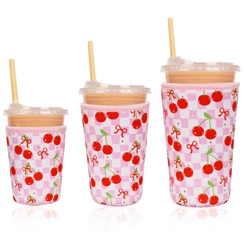 Image of Reusable Insulated Neoprene Iced Coffee Cup Sleeve, Durable Drink Sleeve for Cold Beverages, Beverage Holder for Iced Coffee (Cherry Gleam)