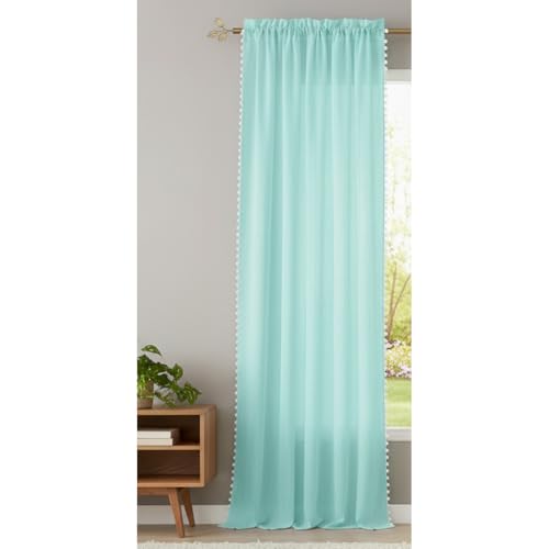 Image of HOMEMONDE Sheer Curtains with Decorative Side Border Pompom Curtain for Customize, Linen Textured Light Filtering, Rod Pocket, 1 Piece - Celeste