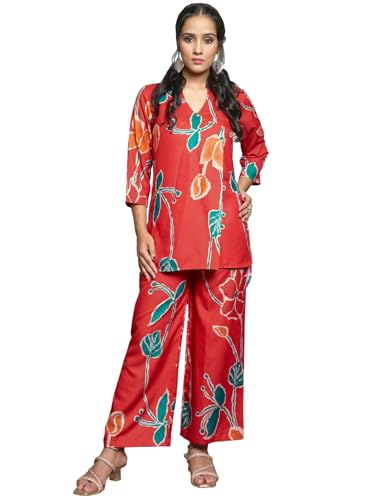 Image of DHRUVI TRENDZ Co Ord Set for Women Stylish | Ethnic Short Kurti for Women | Stylish Summer Printed Kurta Sets for Woman | A-Line Dress for Woman | 3 /4 Sleeve Top with Relaxed Fit Pant
