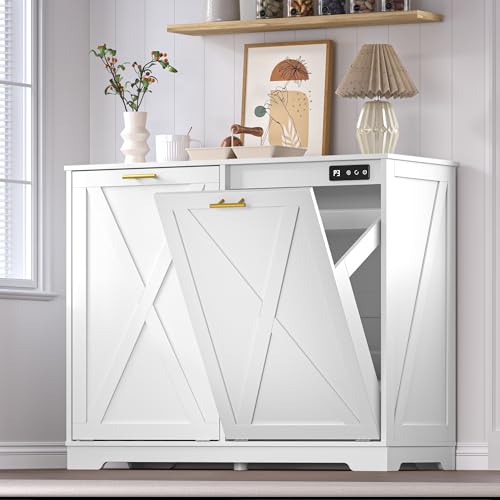 BORNOON Tilt Out Trash Can Cabinet for 2 Bins, Hidden Recycle Garbage Bin Enclosure, Wooden Double...