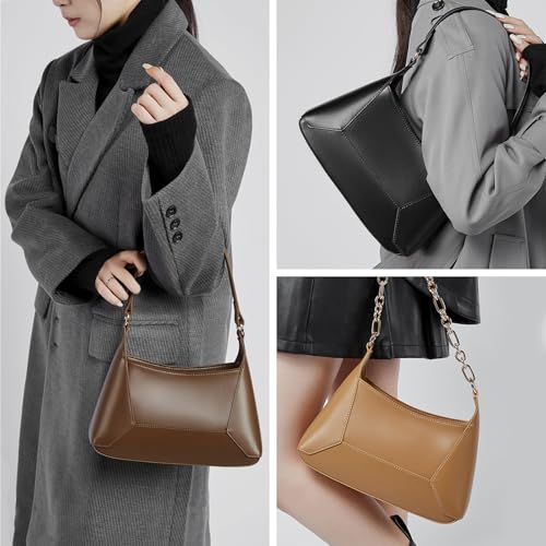 Image of Genuine Leather Hobo Bag for Women, Crossbody Purse with Adjustable Shoulder Strap and Detachable Chain Strap (Brown)